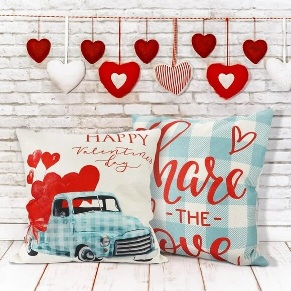 NEW- Set of 4 Valentines Pillow Covers 18x18 Inch Set of 4 Retro Linen - Picture 3 of 3